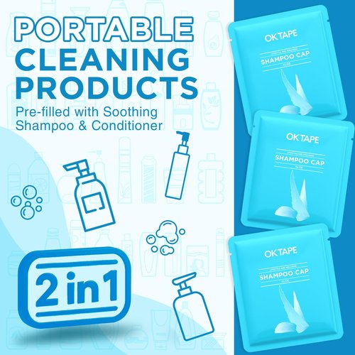 OK TAPE No Water Shampoo Cap (6 Packs), Microwaveable Rinse Free for Bedridden Patients or Elderly, Waterless Shampoo and Condition Hair, Aloe Vera Fragrance