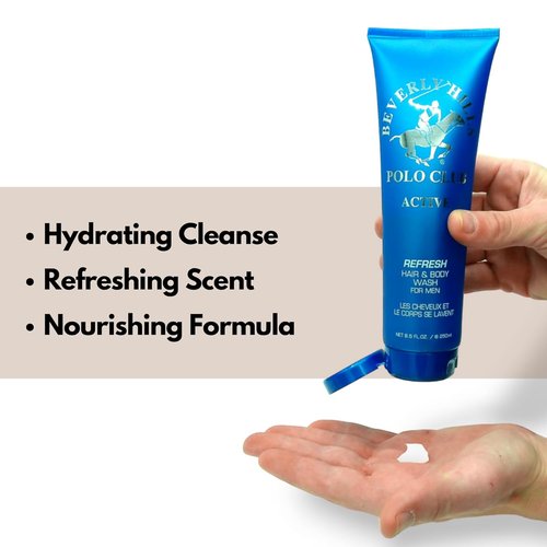 Beverly Hills Polo Club Men's Hair & Body Wash - Active Scent | Luxury 8.5 oz Refreshing Cleanser