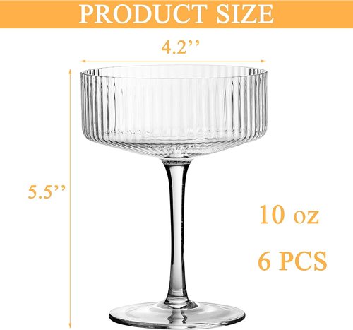 Skiennix 6 Pcs Ribbed Coupe Cocktail Glass Set - Elegant 10 oz Hand Blown Martini Glasses with Gift Box