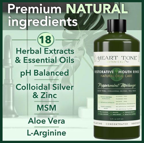 Heart Tone Botanicals Nano Silver Mouthwash | All Natural | Adult Restorative Mouth Rinse | Aloe Vera, Colloidal Silver, & Tea Tree | Complete Oral Care & Fresh Breath | Fluoride, GMO, & Alcohol Free