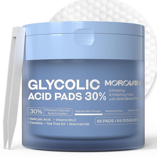 Morovan Glycolic Acid Pads - 30% Dual-Sided Face Exfoliator for Clear Skin Tone | 65 Pads