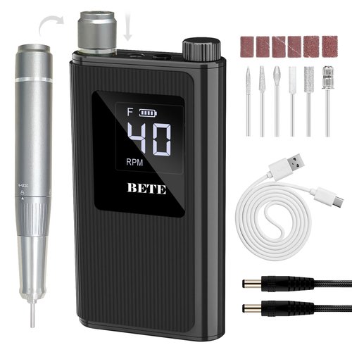 BETE Professional Nail Drill, 40000 RPM Cordless Electric Nail File Kit with 6 Bits, Rechargeable Efile for Acrylic Gel Nails Polishing, Manicure Tools for Salon Home Use, Black
