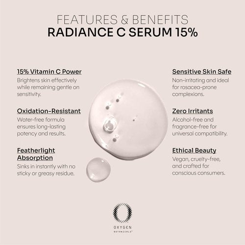 Oxygen Botanicals Radiance C Serum 15%, antioxidant formula to rejuvenate and protect the skin, minimizes dark spots, pigmentation and blemishes, alcohol-free-30ml