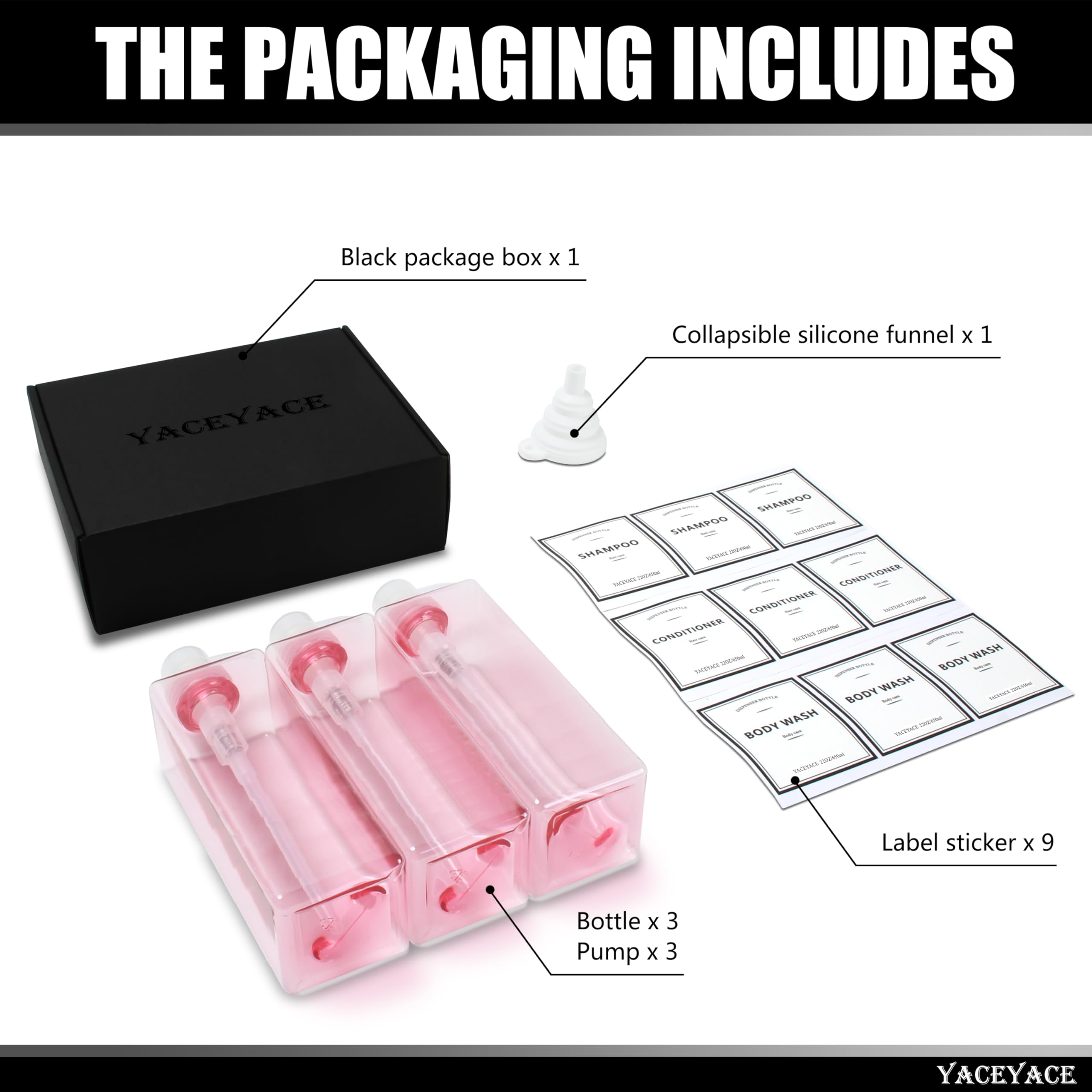 YACEYACE 22oz Set of 3 Travel Shampoo and Conditioner Dispenser, Empty Soap Dispenser, Pink Refillable Bottles
