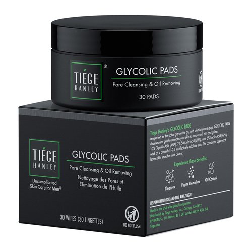 Tiege Hanley Glycolic Acid Pads for Men, Exfoliating Face Cleansing Pads for Forehead, Nose & Cheeks, Facial Wipes with Glycolic, Salicylic & Lactic Acid, Men’s Skin Care, 30 Count