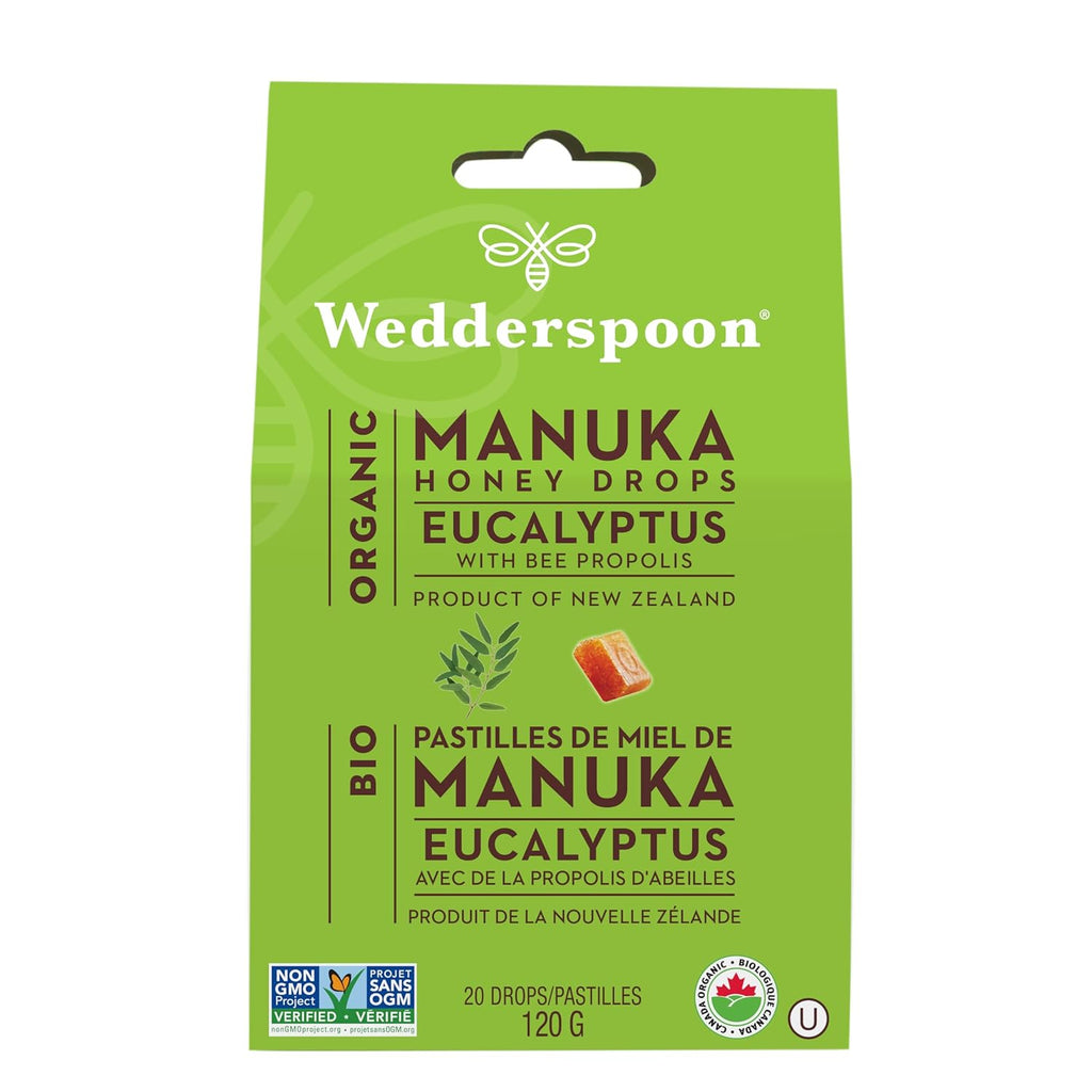 Wedderspoon Organic Manuka Honey Drops - Eucalyptus & Bee Propolis, 20 Count | Natural Remedy for Dry Throats
