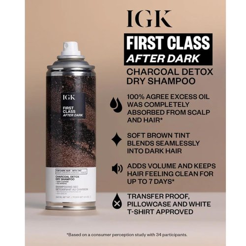 IGK First Class Charcoal Detox Dry Shampoo for Dark Hair - Brown Tinted, No White Residue, 6.5oz