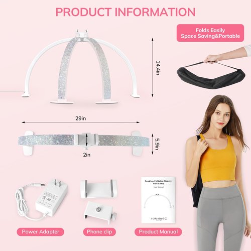 Lavinda 29'' Half Moon Light for Nail Desk, Dimmable 3000K-6000K LED Nail Table Lamp with Phone Holder & Wire Controller for DIY Manicure, Eyelash Extension, Skincare, Tattoo (Crystal Diamond)