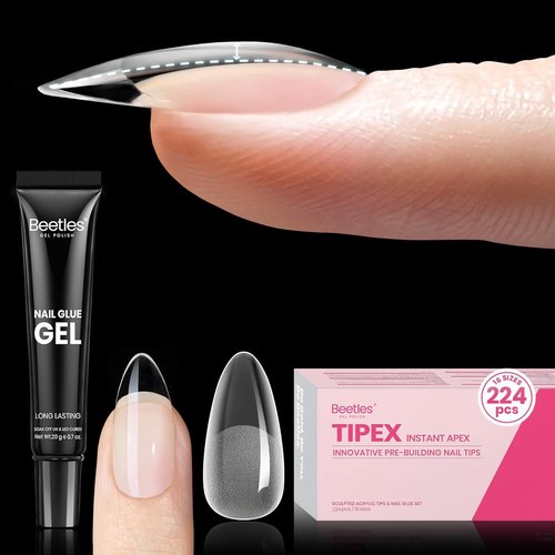 Beetles Tipex Instant Apex Nail Tips, Almond Medium, 16 Sizes (00-14), 224PCS with 20g Tipex Solid Nail Glue, Thick Strong Tips with Built-In Apex for DIY Extensions