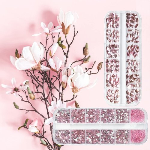 qiipii 3080Pcs Pink Nail Rhinestones 120 Multi Shapes Flatback Rhinestones Big Gems +2960 Light Pink Round Beads K9 Glass Stones Diamonds jewels Crystals for Nails Faces Eyes Makeup Clothes Crafts DIY