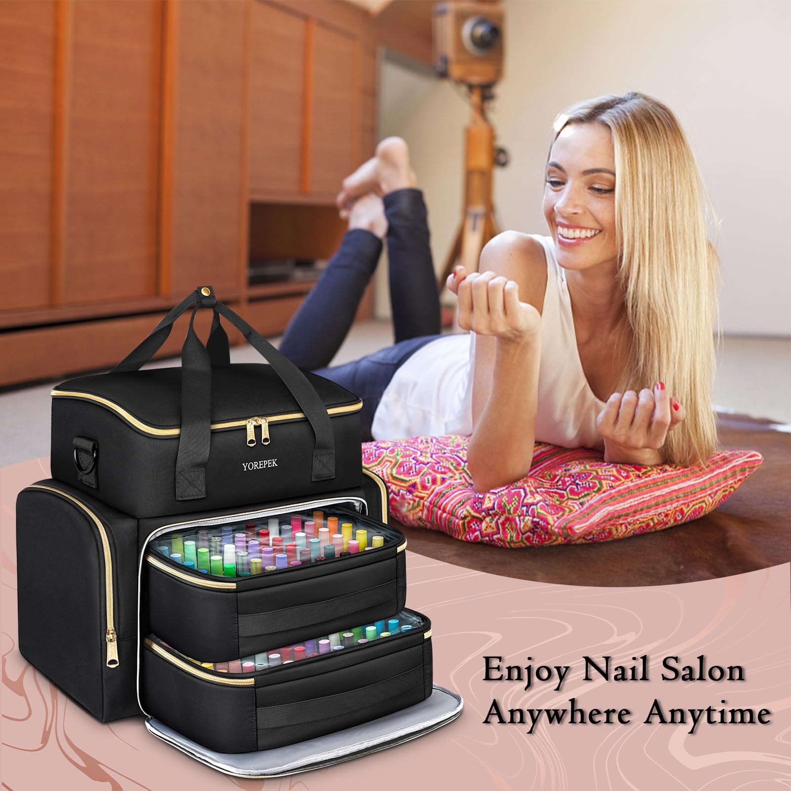 YOREPEK Extra Large Nail Polish Organizer Case Holds 96 to 100+ Bottles (15ml/0.5 fl.oz) UV lamp, Gel Polish Travel Case Bag with 2 Removable Pouches Fits Nail Suppiles, Manicurist Nail Tech Gifts