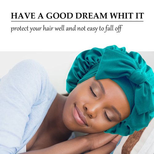 Satin Silk Hair Bonnet for Sleeping Large Bonnets with Tie Band Wrap with Adjustable Straps Night Sleep Caps for Women Curly Braid Hair (Black,Dark Turquoise)