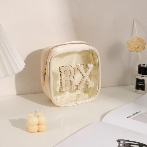 RSRSLEII Small Chenille Letter Clear Medicine Makeup Bags,Nylon PVC Waterproof Rx Pouch with Metal Zipper, Cute Drug First Aid Travel Organizer for Women Girls(06Beige)