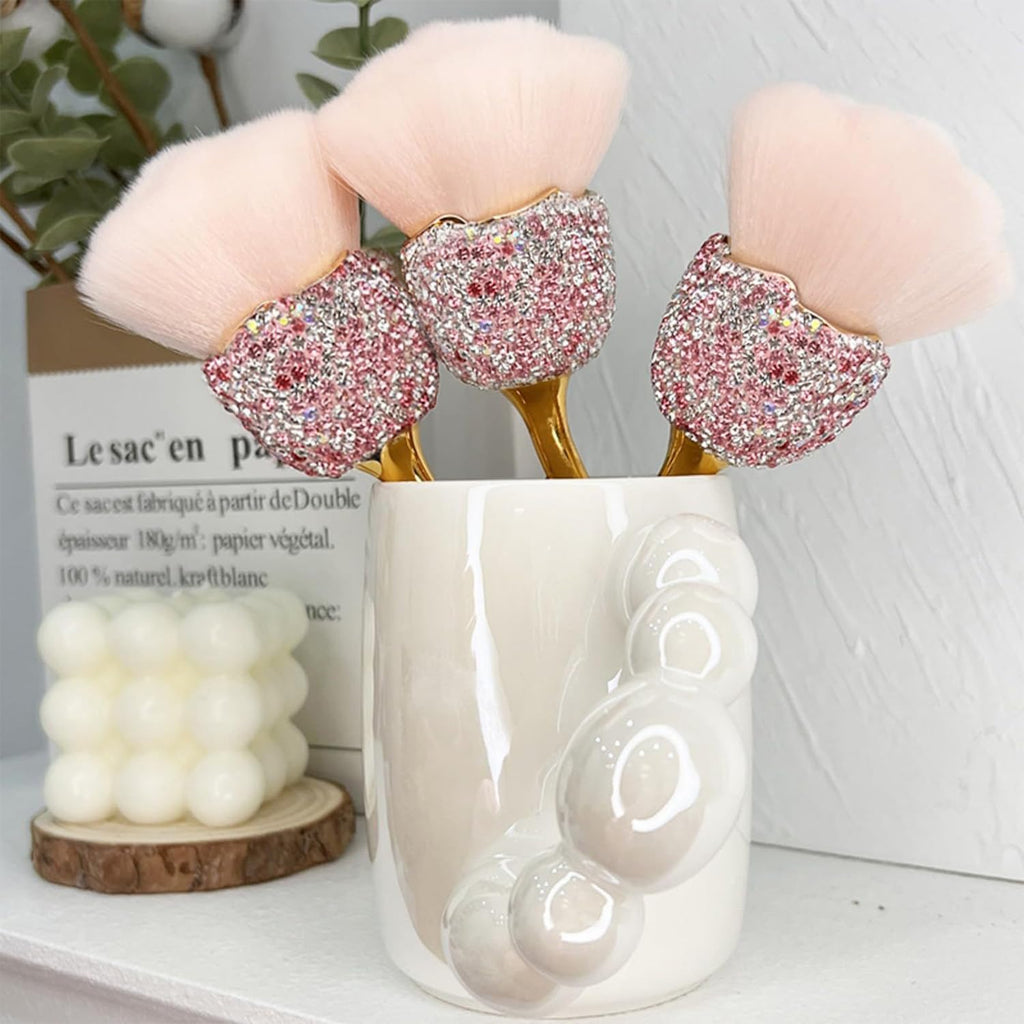 Wokoto 1pcs Rose Nail Dust Brushes Embedded Pink And White Rhinestones For Acrylic Nails Powder Remover Trimming Cleaning Tools Loose Face Cosmetics Blending Foundation Powder Make Up Brushes
