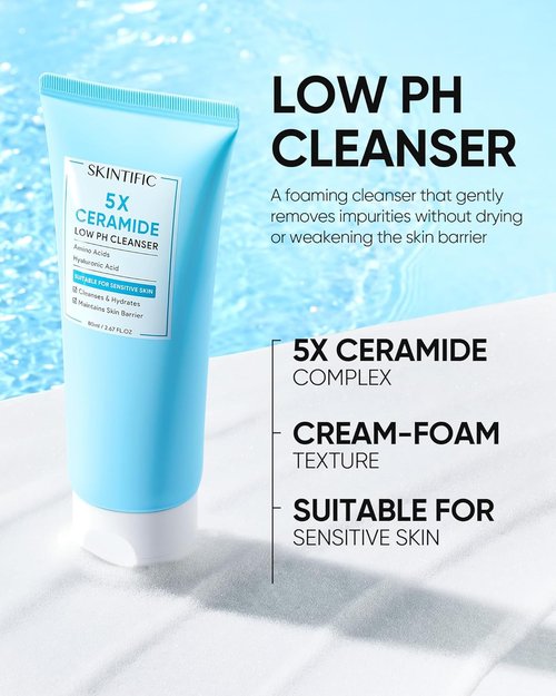 SKINTIFIC 5X Ceramide Facial Cleanser - Gentle Hydrating Daily Face Wash with Hyaluronic Acid for Dry to Normal Skin