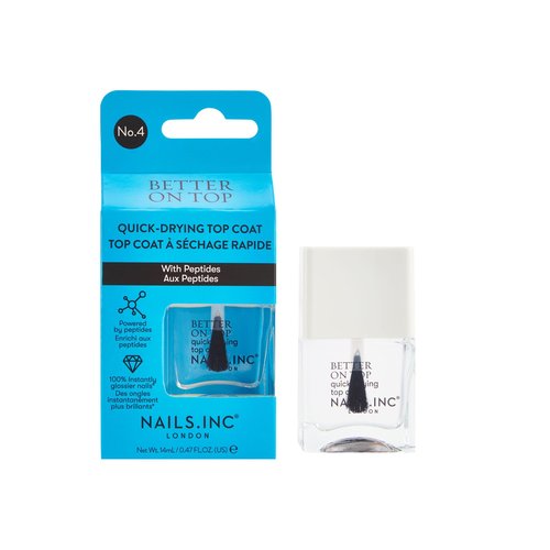 Nails Inc Better On Top, With Peptides, Glossy, Top Coat, High Shine, No Chip, Long Lasting, Quick Dry, Air Dry, Professional Manicure & Pedicure, Fingernails & Toenails, Vegan Nail Polish, 0.47 Fl Oz