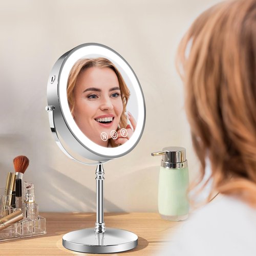 SLIMOON 9" Large Lighted Makeup Mirror, 1X/10X Magnifying Makeup Mirror with 3 Colors Dimmable Lightning, 80 LED Lights, 360°Rotation Double Sided Standing Vanity Mirror
