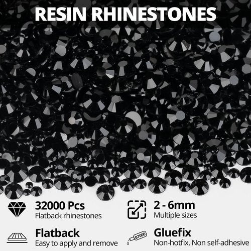 32000Pcs Black Rhinestones for Bedazzling, Black Bedazzle Gems Flatback Resin Stones Diamonds Crystal Gemstones Bedazzled Jewels Flat Back Rinestone for Crafting Clothes Clothing 2-6mm with B7000 Glue