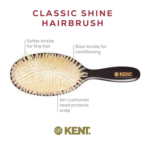 Kent CSGM Classic Shine Medium Oval Cushion Straightening Brush - Soft White Boar Bristle for Fine Hair
