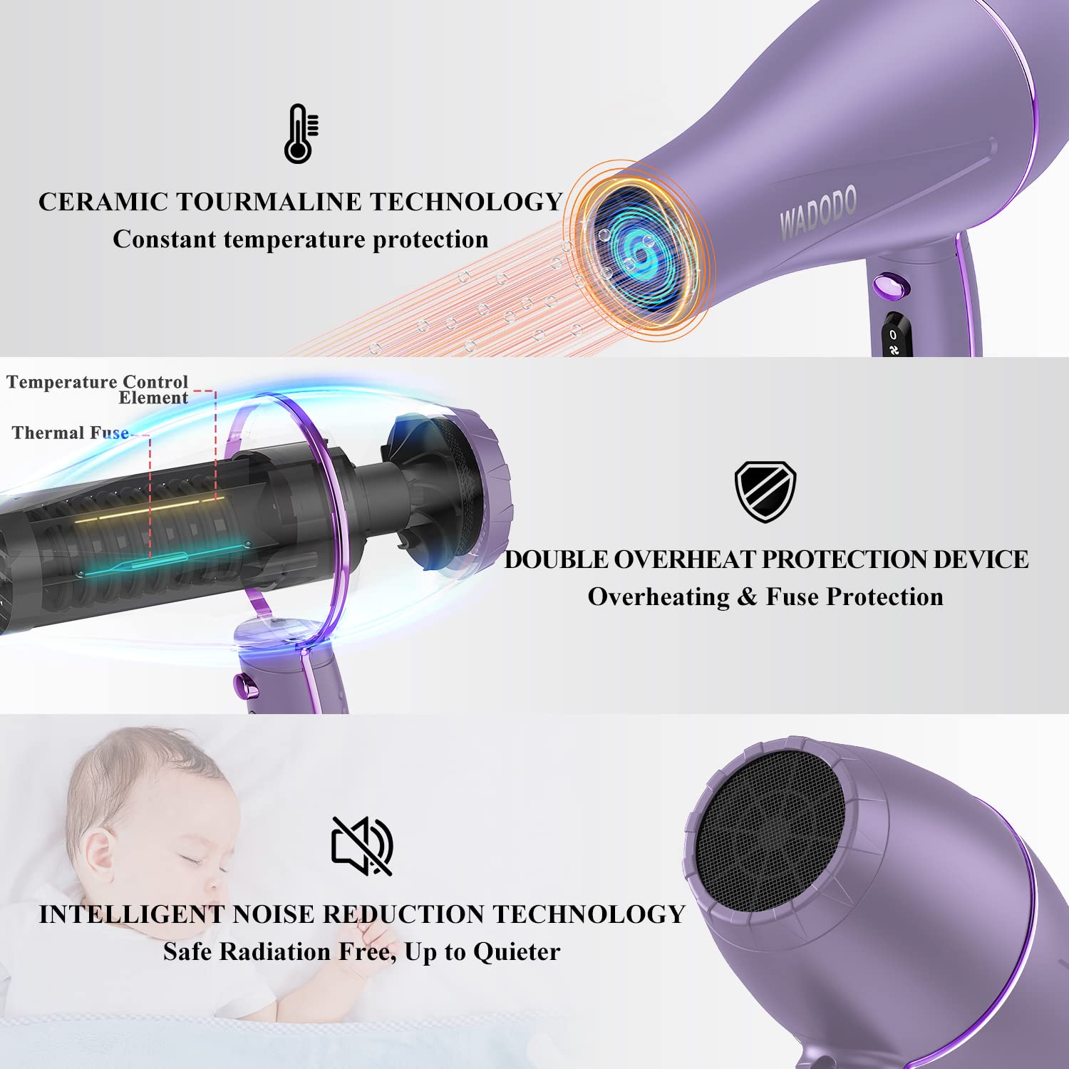 WADODO Ionic Hair Dryer, 2200W Professional Blow Dryer Fast Drying Travel Hair Dryer, AC Motor Constant Temperature Low Noise Ion Hair Dryers Curly Hair Care Hairdryer Blowdryer for Women Men(Purple)