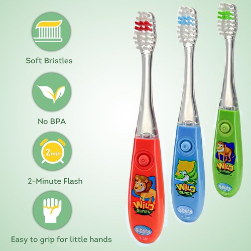 Lily's Home Kids Toothbrush Set – 2 Minutes Timer - Cute Animal Theme & Magical Glow - Ideal Toothbrush for Aged 3+ Boys - Promote Healthy Oral Care - 3 Pack with Soft Bristles