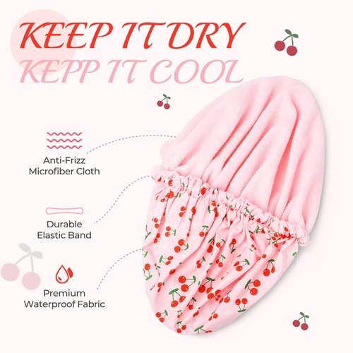 Skiennix Shower Cap - Reusable Terry Lined Waterproof Cap for Long Thick Hair - Pink