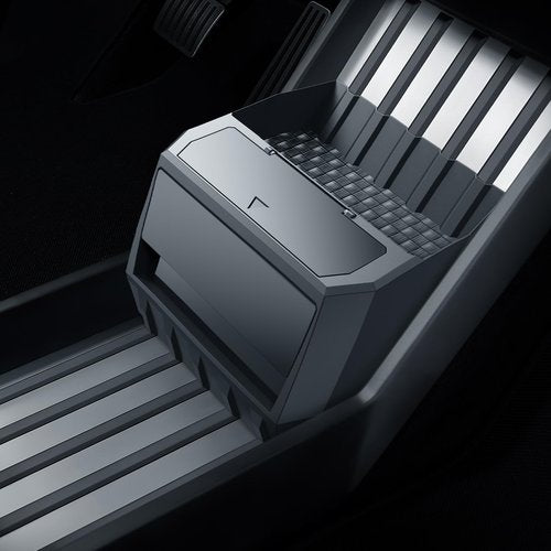 For Tesla Cybertruck Floor Console Organizer - [Easy To Install] Push to Open 2-in-1 Cyber Style Car Trash Can& Console Storage Vegan Leather Mats for 2024 2025 Cybertruck-Waterproof Drawer Organizer