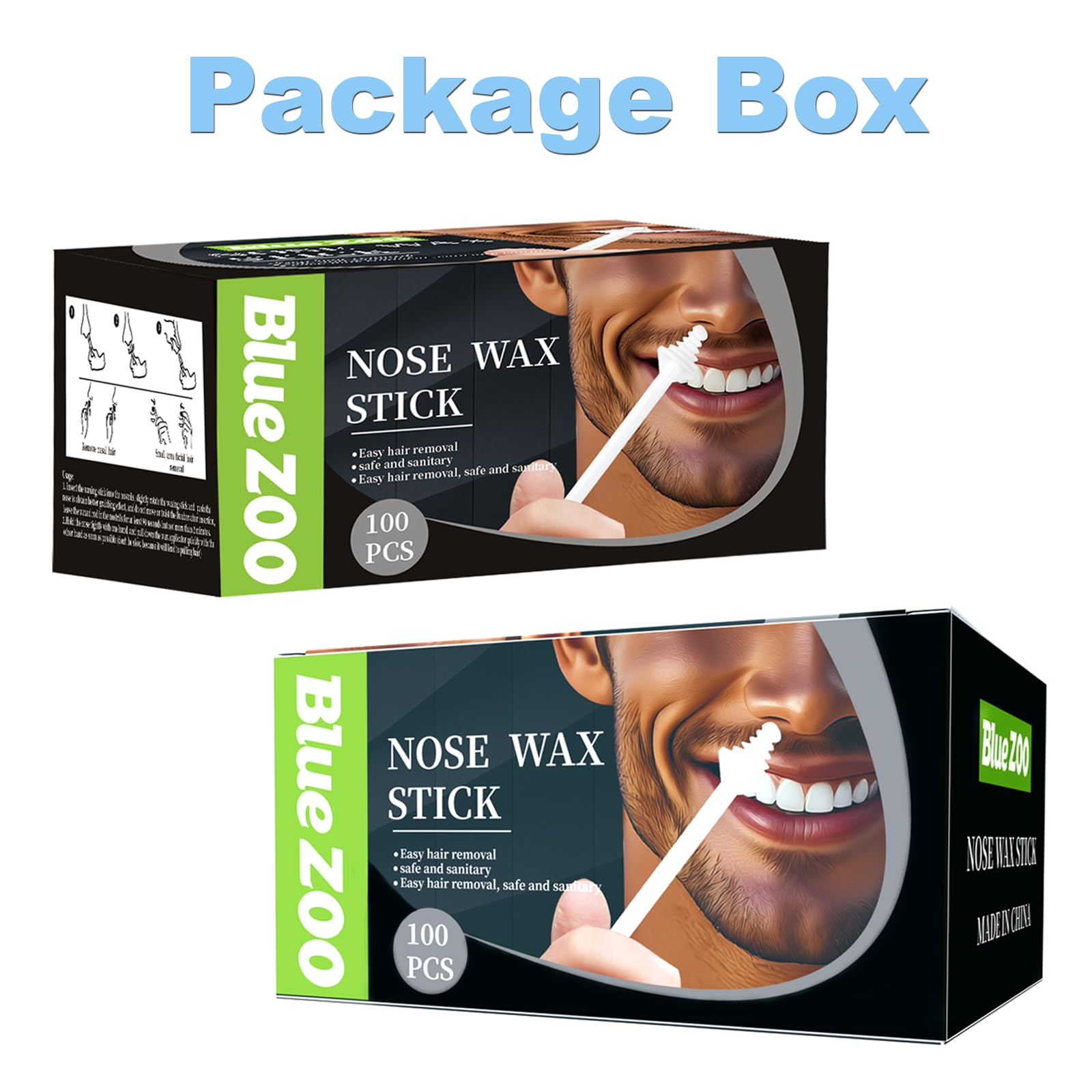 100Pcs Nose Wax Sticks Applicator with Disposable Spatulas for Nostril Cleaning Ear Face Eyebrow Mustache Hair Removal for Men Women, Painless, with Delicate Packing Box for Gift, BlueZOO
