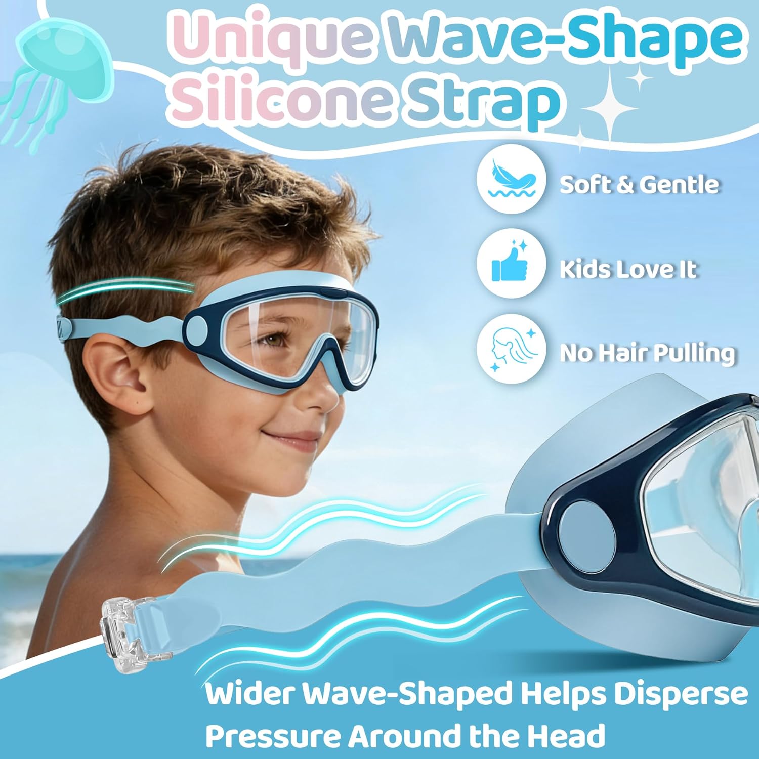 Vvinca Kids Swim Goggles - Soft Wave-Shape Strap, Anti-Fog & Leak-Free | 2 Pack for Ages 3-15