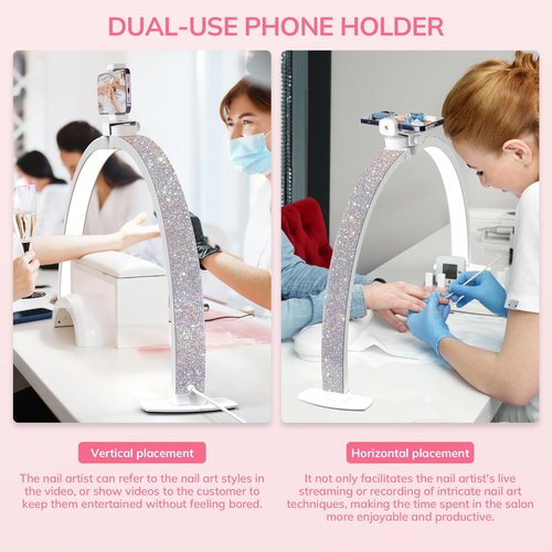 Lavinda 29'' Half Moon Light for Nail Desk, Dimmable 3000K-6000K LED Nail Table Lamp with Phone Holder & Wire Controller for DIY Manicure, Eyelash Extension, Skincare, Tattoo (Crystal Diamond)