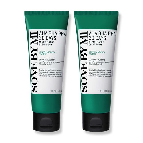 SOME BY MI AHA BHA PHA 30 Days Miracle Acne Clear Foam – Pack of 2 – Korean Acne Face Wash for Smooth & Clear Skin – Salicylic Acid Cleanser for Exfoliation & Sebum Control – Korean Skin Care