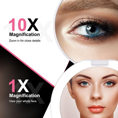 LED Lighted Compact Travel Makeup Mirror, 5 Inch Double-Sided 1X/10X Magnification, USB Rechargeable 1000mAh Battery, Touch Screen, 56 High-CRI LEDs, 3-Color Dimmable Light, Tweezers & Travel Bag