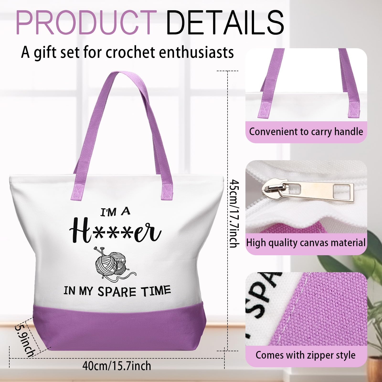 Wesnoy 2 Pcs Crochet Lover Gifts for Women, Funny Purple Canvas Bag with Cosmetic Pouch Tote Bag in My Spare Time Crochet Lovers Friends Crocheters Gifts