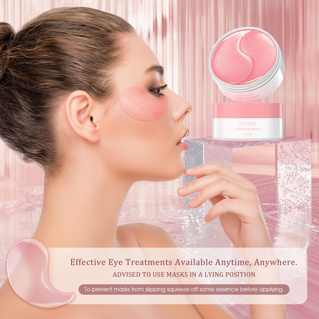 YOYORY Under Eye Patches for Dark Circles and Puffiness, 60 Pcs Collagen Eye Masks for Eye Bags, Fine Lines & Wrinkles, Eye Treatment with Hyaluronic Acid for Hydrating & Moisturizing, Pink