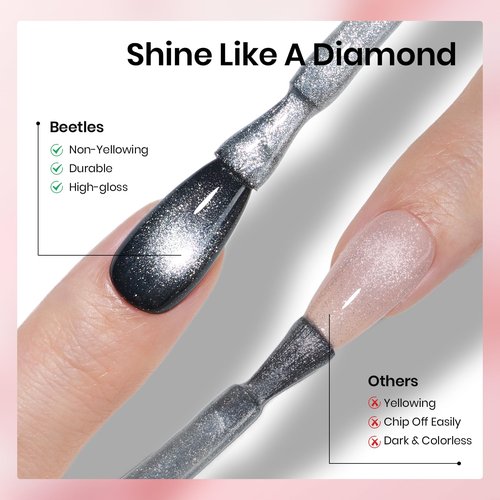Beetles Gel Top Coat Set, 6Pcs 10ml Sparkle Glitter Cat Eye Top Coat Gel Nail Polish No Wipe Long Lasting Soak Off U V LED Manicure Salon DIY Gifts for Women