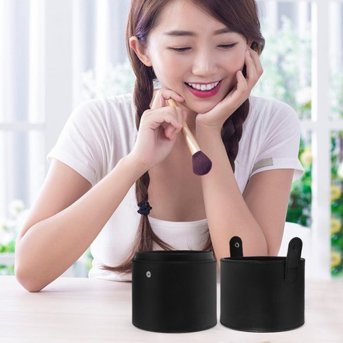Beaupretty PU Leather Case Makeup Brush Holder with Lid Cosmetic Storage Bucket Brush Box Cup for Women Black