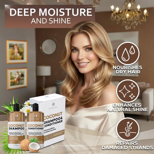Skiennix Coconut Shampoo & Conditioner Set - Sulfate-Free, Deep Moisturizing Formula for Dry, Damaged Hair | 16 Fl Oz (Set of 2)