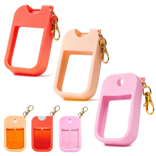 aeloer 3 Pcs Silicone Case with Keychain Compatible with Touchland Hand Sanitizer Spray Mist 1 fl oz, 3 Colors Anti-Slip Protective Case(Red,Pink,Orange)
