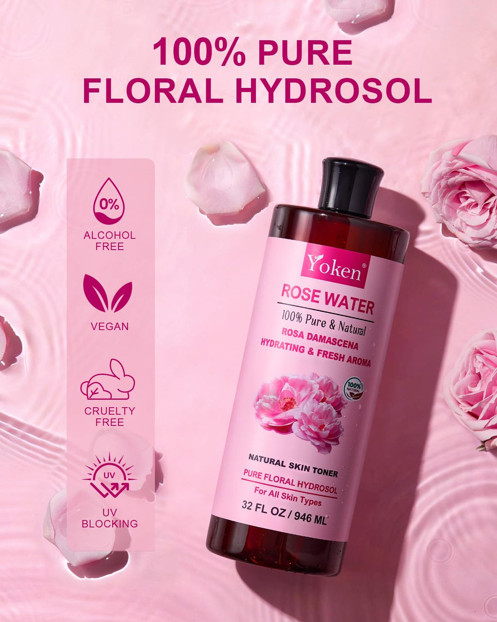 Yoken Pure Rose Water Toner for Face, 32 Fl Oz Bulk, 100% Natural Rosa Damascena Rose Hydrosol, Refreshing Rosewater for Hair, Skin, Aromatherapy, Hydrates & Soothes, Alcohol Free, Chemical Free
