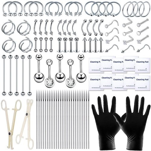 TKKUY 103PCS Piercing Kit for all Body Piercings Stainless Steel Piercing Jewelry with 12G 14G 16G 20G Piercing Needles and Tools for Nose Septum Belly Button Lip Ear Tongue Cartilage Eyebrow Tragus