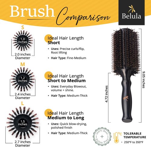 Belula Boar Bristle Round Hair Brush - 2.7” Wooden Barrel for Volume & Body | Free Clips & Travel Bag