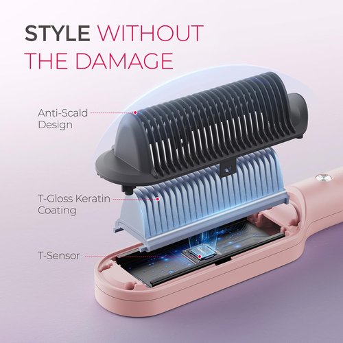 TYMO Ring Hair Straightener Brush - Fast Heating Hair Straightening Iron with Comb, 5 Temp Settings | Sakura Pink