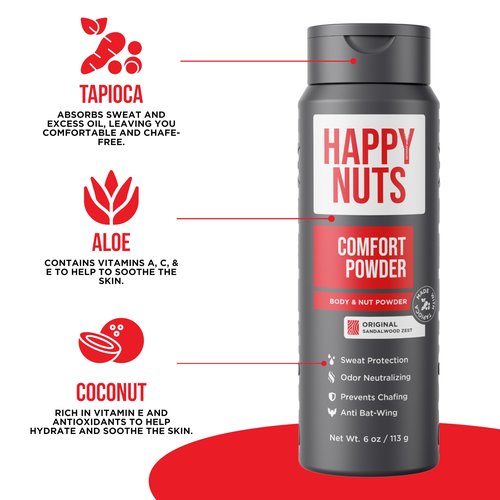 Happy Nuts Comfort Powder - Anti-Chafing, Sweat Defense & Odor Control for the Groin, Feet, and Body - Body Powder for Men (2 PACK)