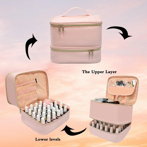 LIVEBAY Nail Polish Organizer Case, Double-Layer Nail Supplies Organizer Holds 30 Bottles & Nail Lamp, Professional Nail Kit Storage Makeup Carrying Case (Pink)