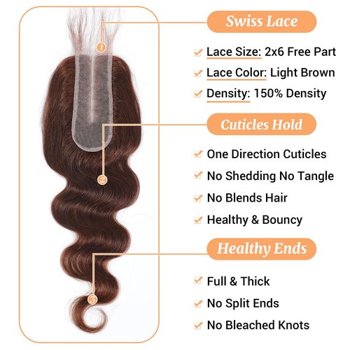 2x6 Closure Human Hair 16 Inch HD Transparent Lace 2x6 Body Wave Closure Middle Part Brazilian 4# Brown Human Hair Closure With Baby Hair