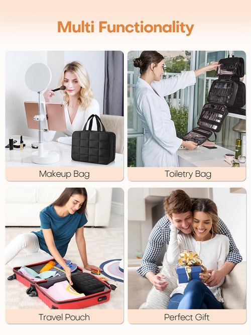 Manuqia Travel Toiletry Bag with Separate Jewelry Organizer, Water-resistant Makeup Bag with Hanging Hook, Large Capacity Travel Organizer for Toiletries, Cosmetic, Vacation Accessories - Medium