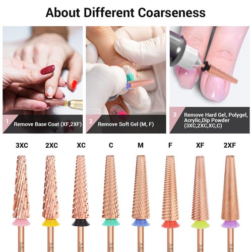 MelodySusie Super Long 5 in 1 Nail Drill Bits, 3/32'' Carbide Tungsten Bits, Suitable for Manicure Pedicure Cuticle Gel Polishing, Professional Advanced Bits, Rose Gold, Series Bit-X, Fine