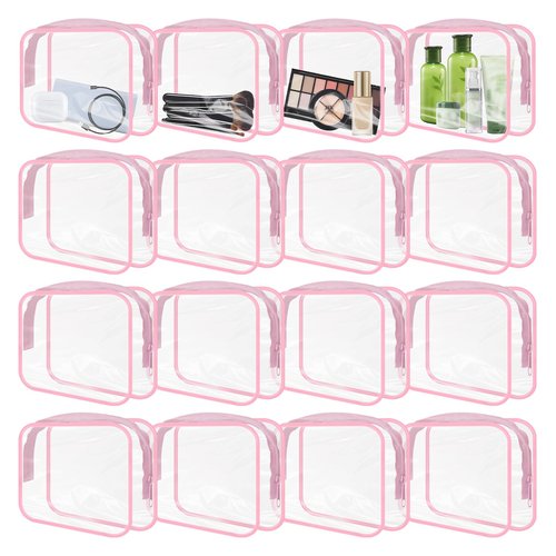 GONITYOU 16 Pieces Clear Makeup Bags Bulk, TSA Approved Toiletry Bags Travel Pouch, Waterproof PVC Plastic Small Clear Cosmetic Bags with Zipper for Organizing (Pink Border)