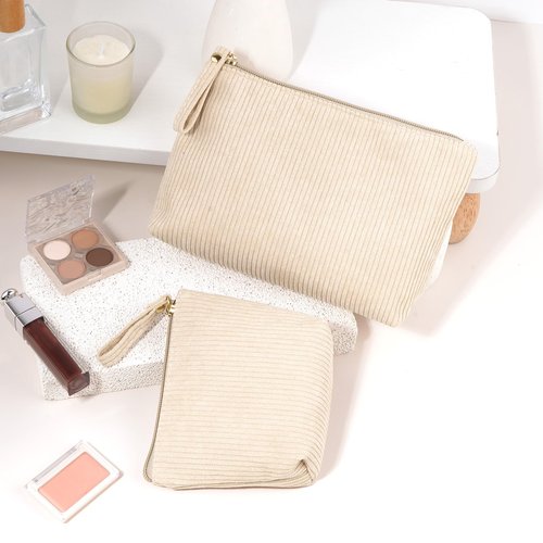 MAGEFY 2Pcs Makeup Bag Set, Cute Makeup Pouch for Purse Corduroy Travel Cosmetic Pouch for Women with Slip-in Pockets for Purse Essentials Accessories(Beige,Mini+Small)