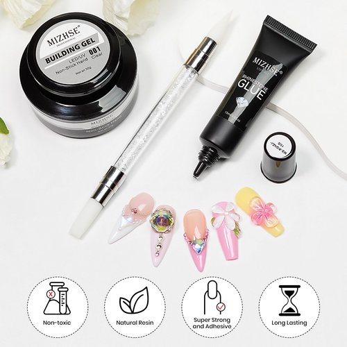 MIZHSE 30g Solid Builder Gel for Nails and 15g Rhinestone Glue, Clear Hard Nail Builder Gel 3D Sculpting Gels Non-Sticky U V LED Nails Charm Glue 3D Art Salon Home DIY